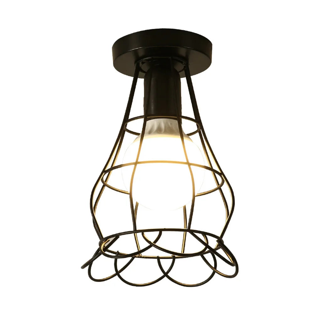 Vintage Ceiling Light Flush Mount Black Iron Lampshade Industrial E27 Pendant Light Grid Cage Bedroom Kitchen Living Room Coffee