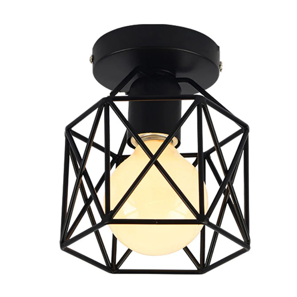 Vintage Ceiling Light Flush Mount Black Iron Lampshade Industrial E27 Pendant Light Grid Cage Bedroom Kitchen Living Room Coffee