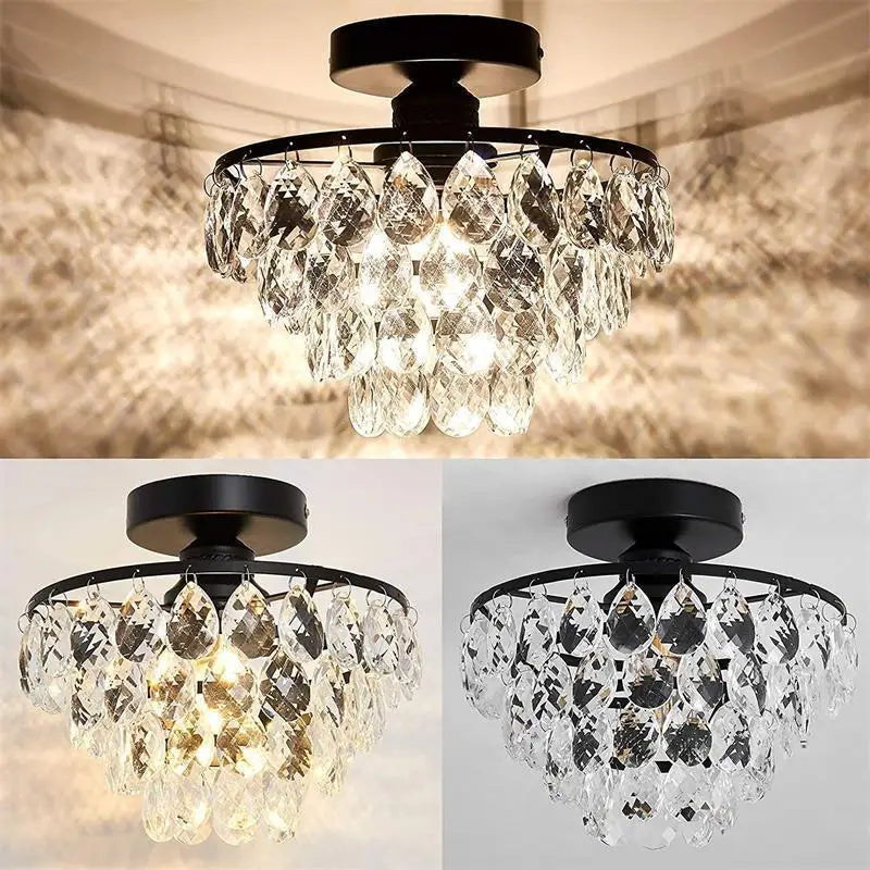 French Style Semi Flush Mount Ceiling Light Gold /Black/Silver Modern Crystal Ceiling Lamp Hallway Cloakroom Small Chandelier