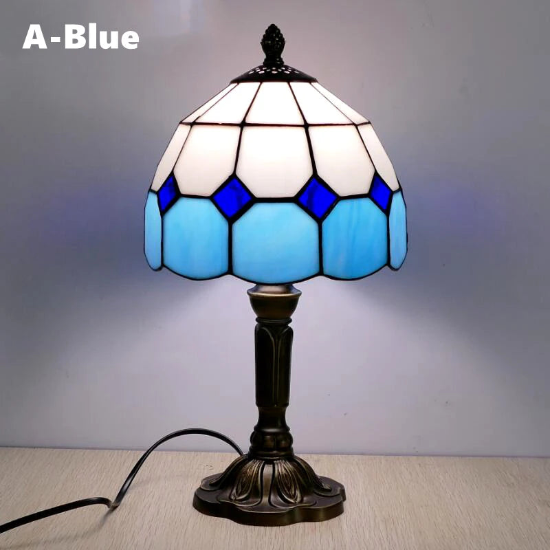 Handmade Stained Glass Table Lamp E27 Retro Lampshade Mediterranean Style Table Light Bedroom Bedside Nightstand Decor Lighting