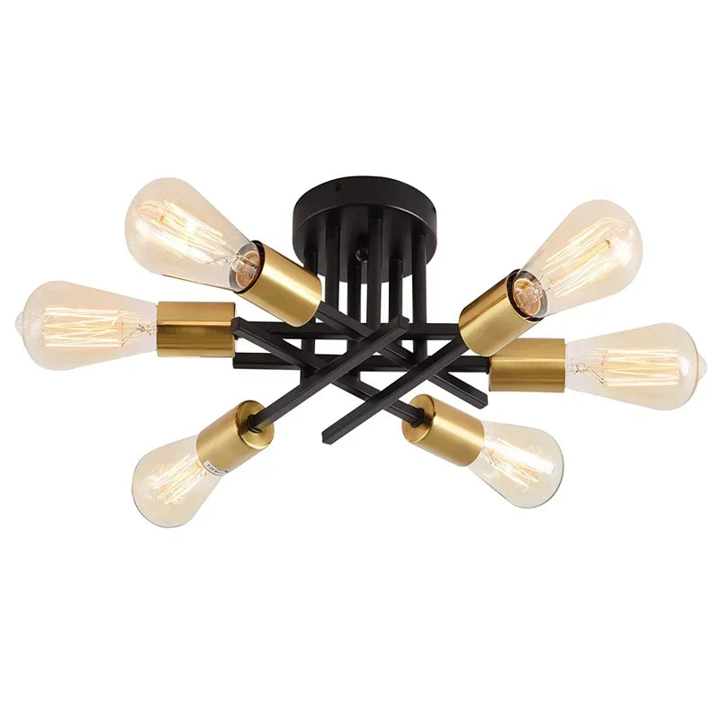 Semi Flush Mount Modern Ceiling Lamp Black Iron Mid Century Sputnik Light Fixture for Living Room Bedroom Retro Ceiling Light