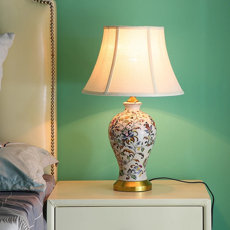 Chinese Ceramic Table Lamp Retro Painted Decoration European Household Warm Bedroom Pleated Bedside Lamp