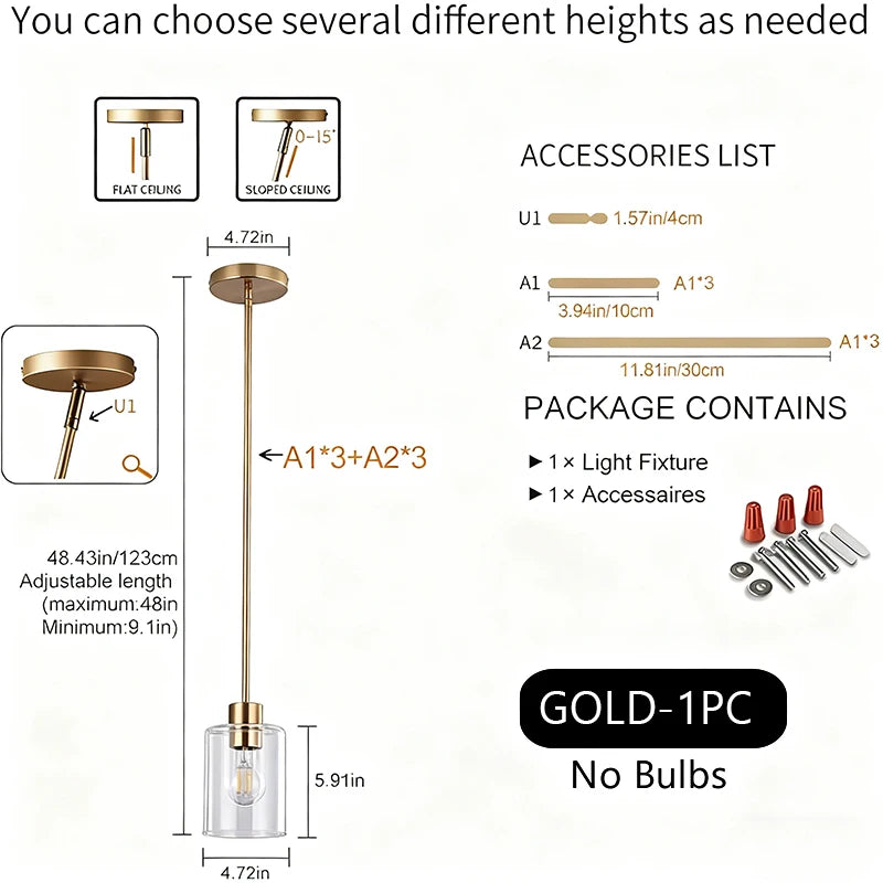  Modern Industrial Pendant Lamp Glass Hanging  Adjustable height Kitchen Dining Room Bedroom Bedside bathroom Decor Lights