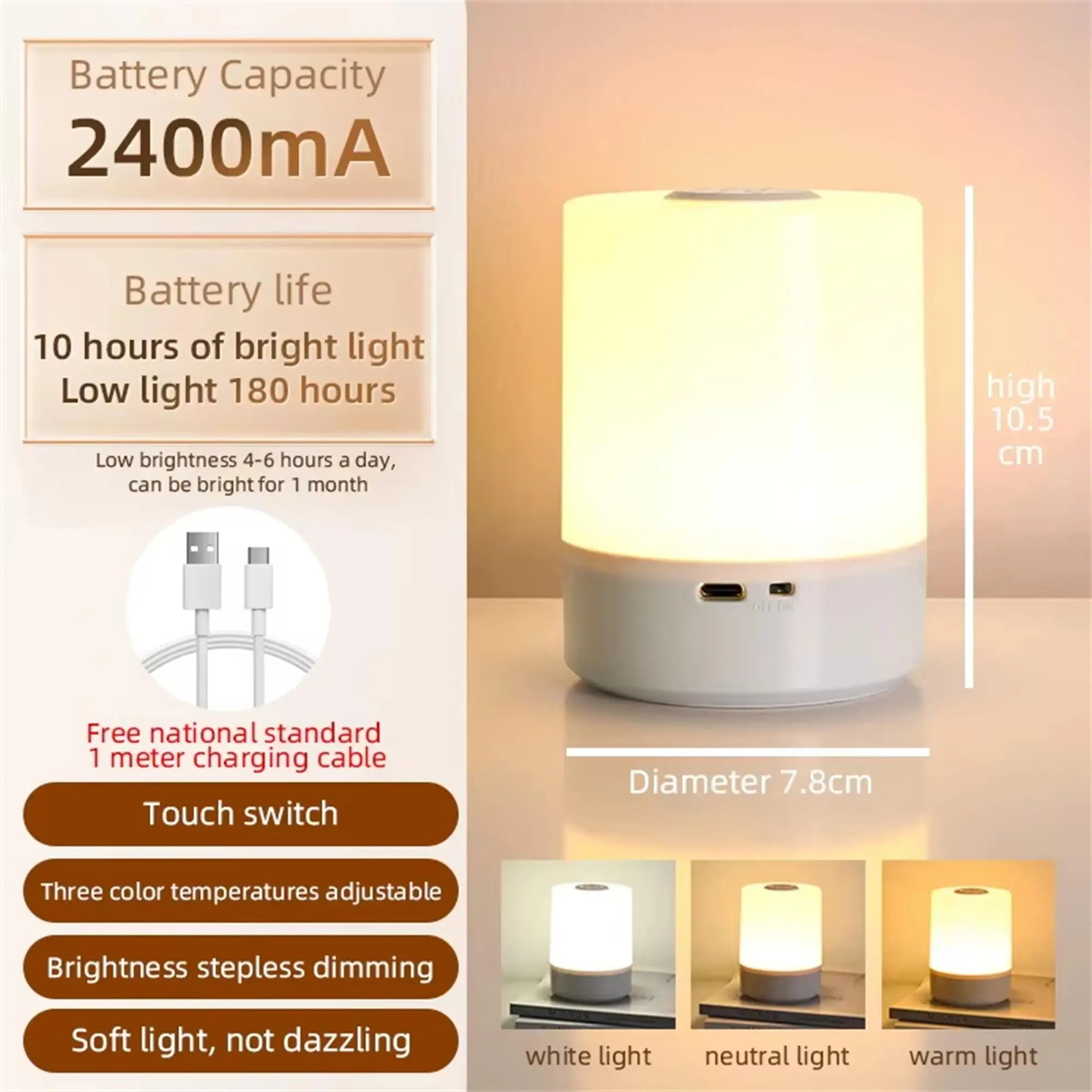 Night Lamp LED Table With Switch Rechargeable Three Colors Lights USB For Kitchen Hallway Closet Bedroom Home Touch Night Light