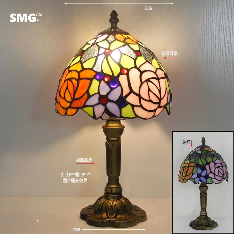 Handmade Stained Glass Table Lamp E27 Retro Lampshade Mediterranean Style Table Light Bedroom Bedside Nightstand Decor Lighting