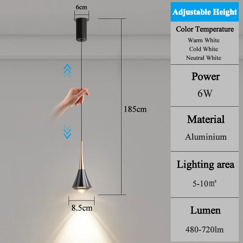 LED Pendant Lights 3 Light Colors 6W Chandelier Modern Home Adjustable Height Hanging Line Light Bedroom Bedside Bar Restaurant