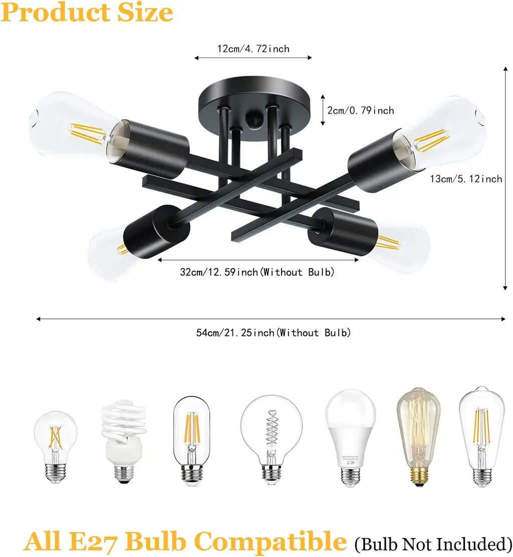 Semi Flush Mount Modern Ceiling Lamp Black Iron Mid Century Sputnik Light Fixture for Living Room Bedroom Retro Ceiling Light
