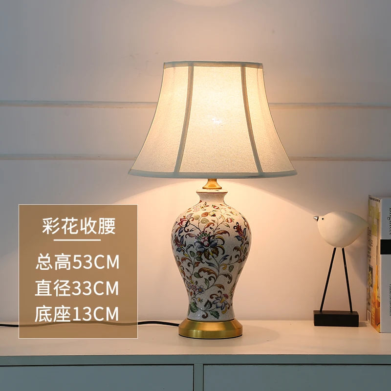 Chinese Ceramic Table Lamp Retro Painted Decoration European Household Warm Bedroom Pleated Bedside Lamp