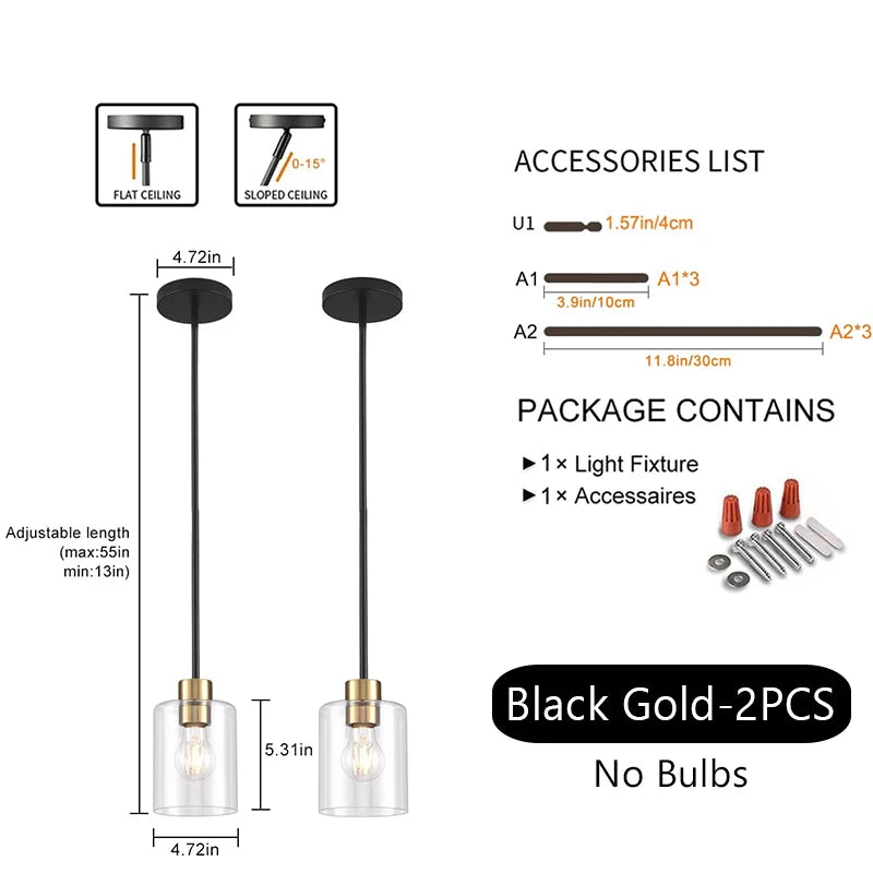  Modern Industrial Pendant Lamp Glass Hanging  Adjustable height Kitchen Dining Room Bedroom Bedside bathroom Decor Lights