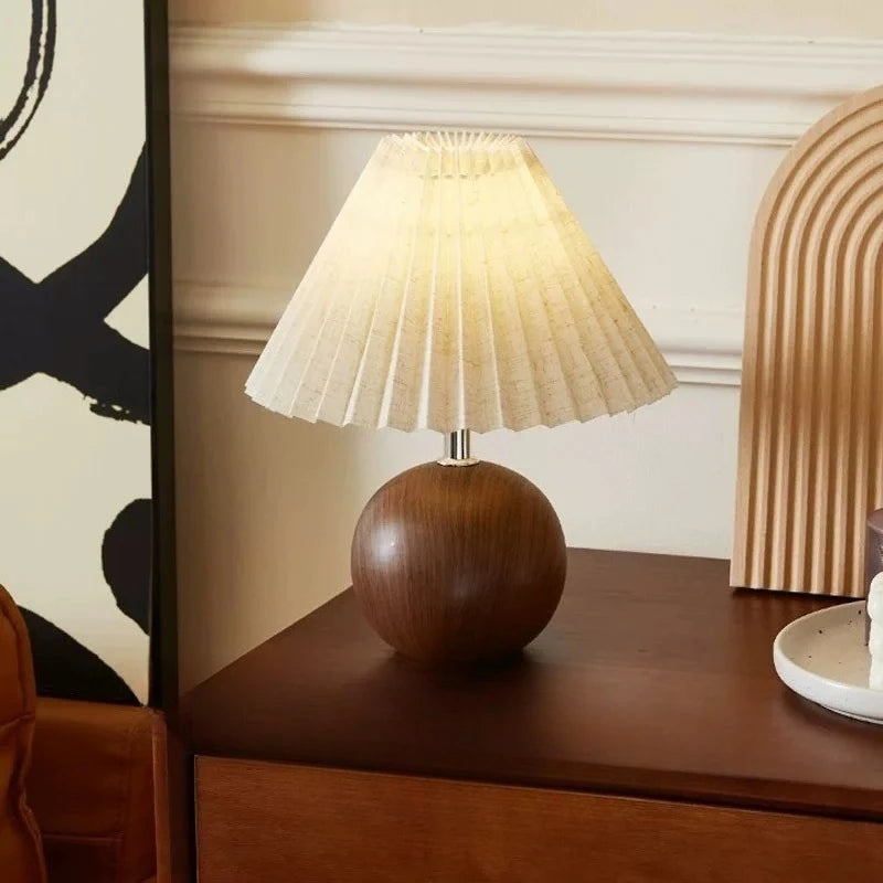 Vintage Pleated Fabric Table Lamp, 3-Level Dimmable Wood Grain Base Bedside Lamp for Bedroom Living Room Home Decor