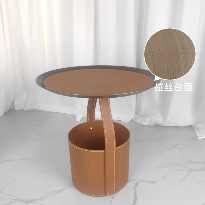 Italian Minimalist Saddle Leather Storage Bucket Sofa Small Side Table Home Living Room Shopping Mall Corner Table Light Luxury
