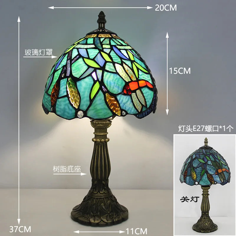 Handmade Stained Glass Table Lamp E27 Retro Lampshade Mediterranean Style Table Light Bedroom Bedside Nightstand Decor Lighting