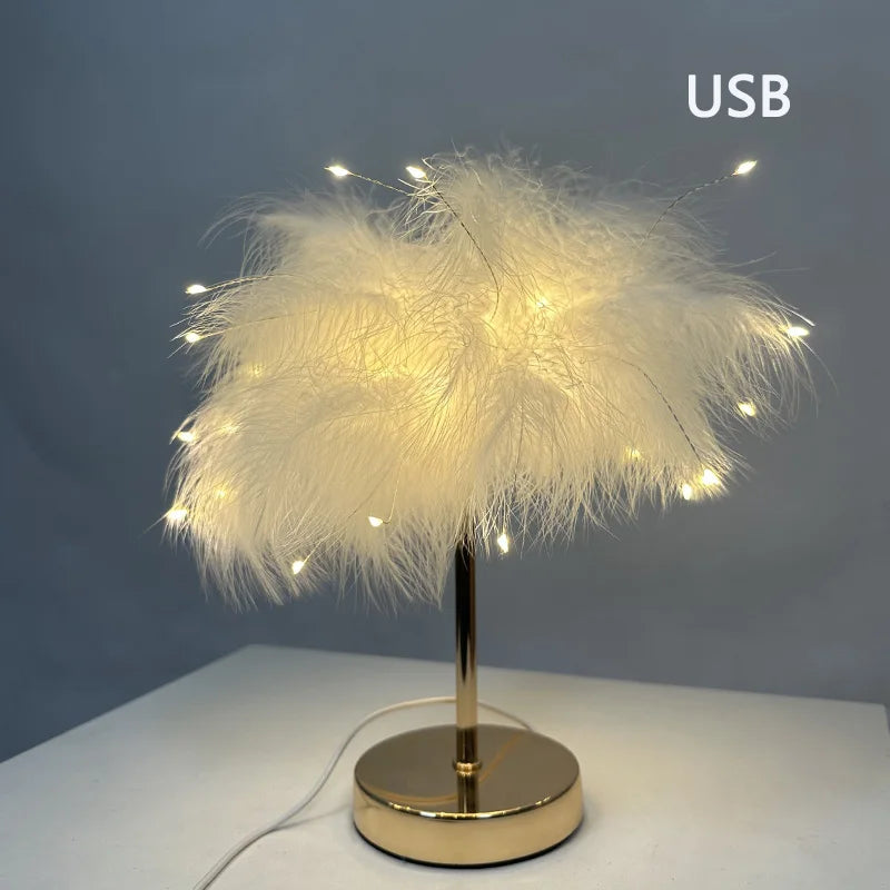 Modern Feather Table Lamp Bedroom Table Lamp Bedside Lving Room  Coffee Decorative Lights Christmas Decoration Romantic Ligsting