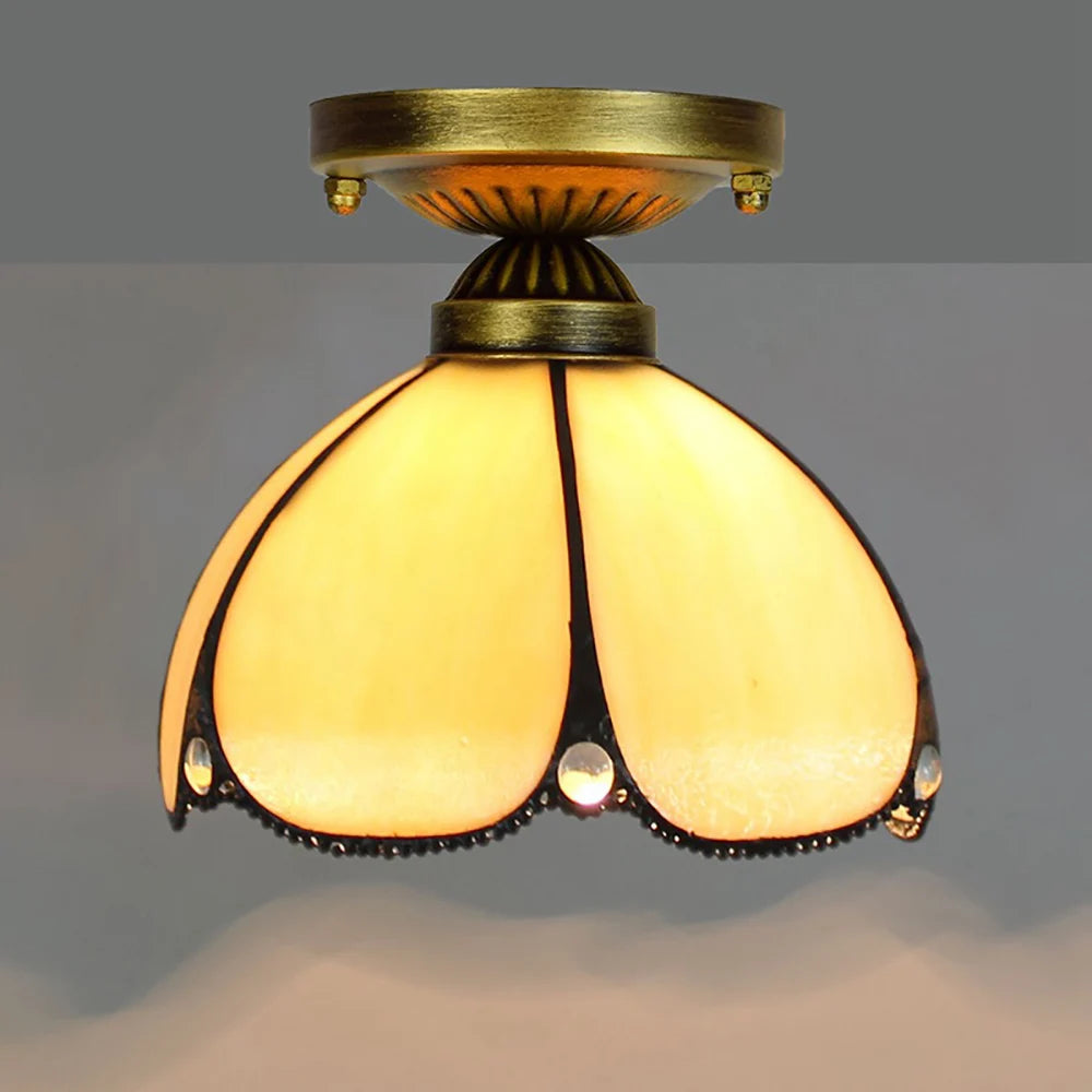 European Stained Glass Ceiling Light - Handcrafted Floral Rose Mosaic, Antique 8Inch Wide Flush Mount for Dining Room/Library