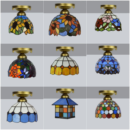 European Stained Glass Ceiling Light - Handcrafted Floral Rose Mosaic, Antique 8Inch Wide Flush Mount for Dining Room/Library