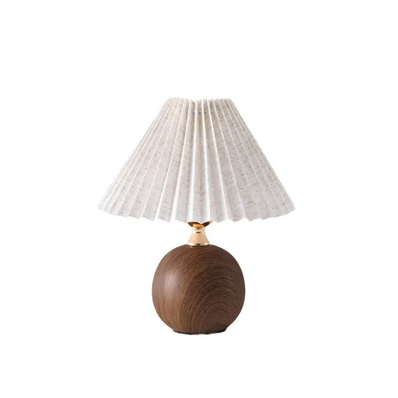Vintage Pleated Fabric Table Lamp, 3-Level Dimmable Wood Grain Base Bedside Lamp for Bedroom Living Room Home Decor