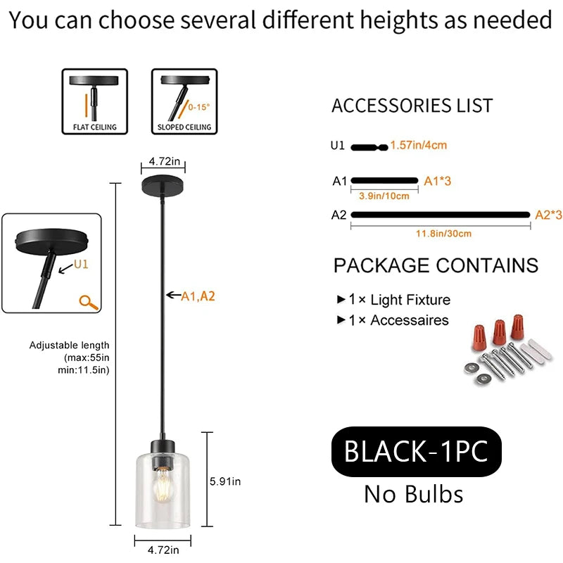  Modern Industrial Pendant Lamp Glass Hanging  Adjustable height Kitchen Dining Room Bedroom Bedside bathroom Decor Lights