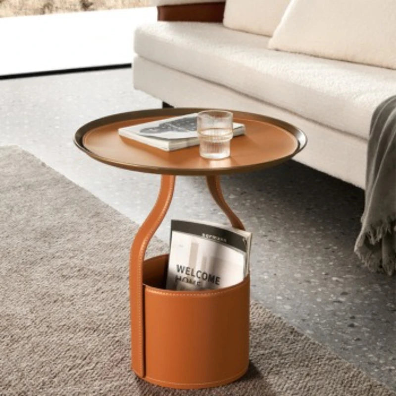 Italian Minimalist Saddle Leather Storage Bucket Sofa Small Side Table Home Living Room Shopping Mall Corner Table Light Luxury