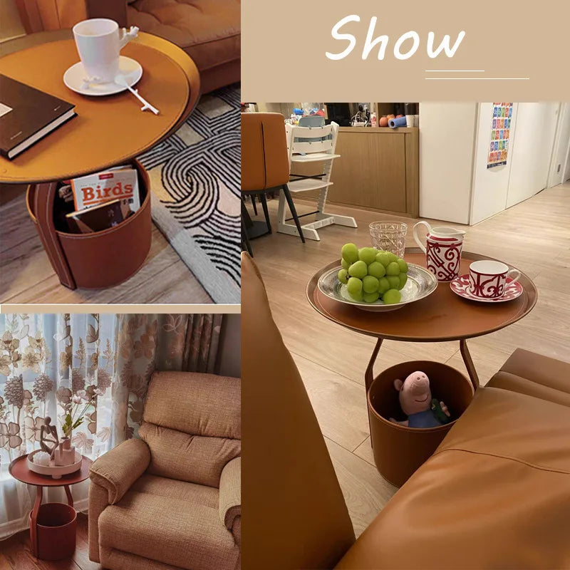 Italian Minimalist Saddle Leather Storage Bucket Sofa Small Side Table Home Living Room Shopping Mall Corner Table Light Luxury