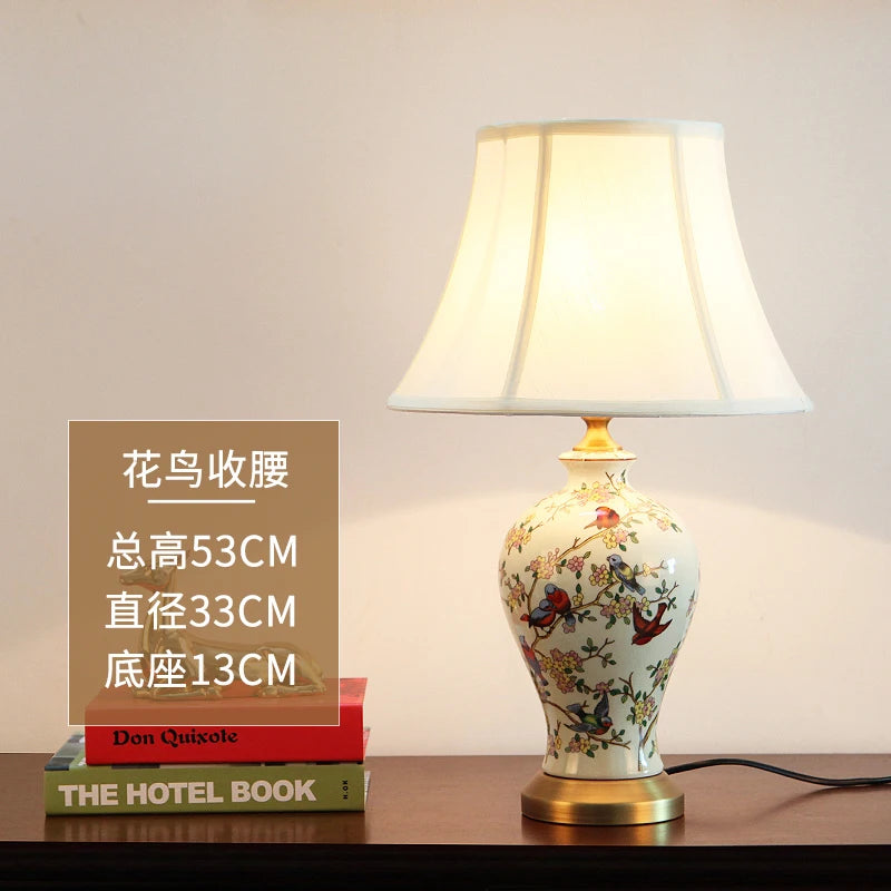Chinese Ceramic Table Lamp Retro Painted Decoration European Household Warm Bedroom Pleated Bedside Lamp