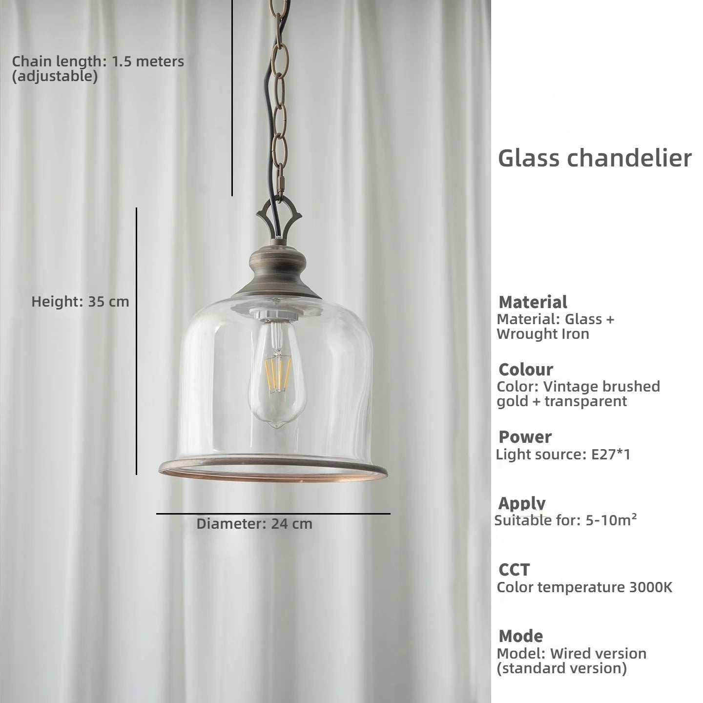 American Retro Led Pendant Light Transparent Glass Home Decoration Living Room Bedroom Island Table Three Color Light Fixture