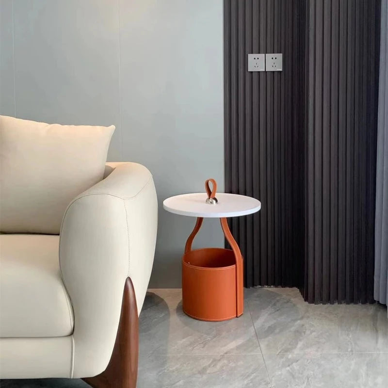 Italian Minimalist Saddle Leather Storage Bucket Sofa Small Side Table Home Living Room Shopping Mall Corner Table Light Luxury