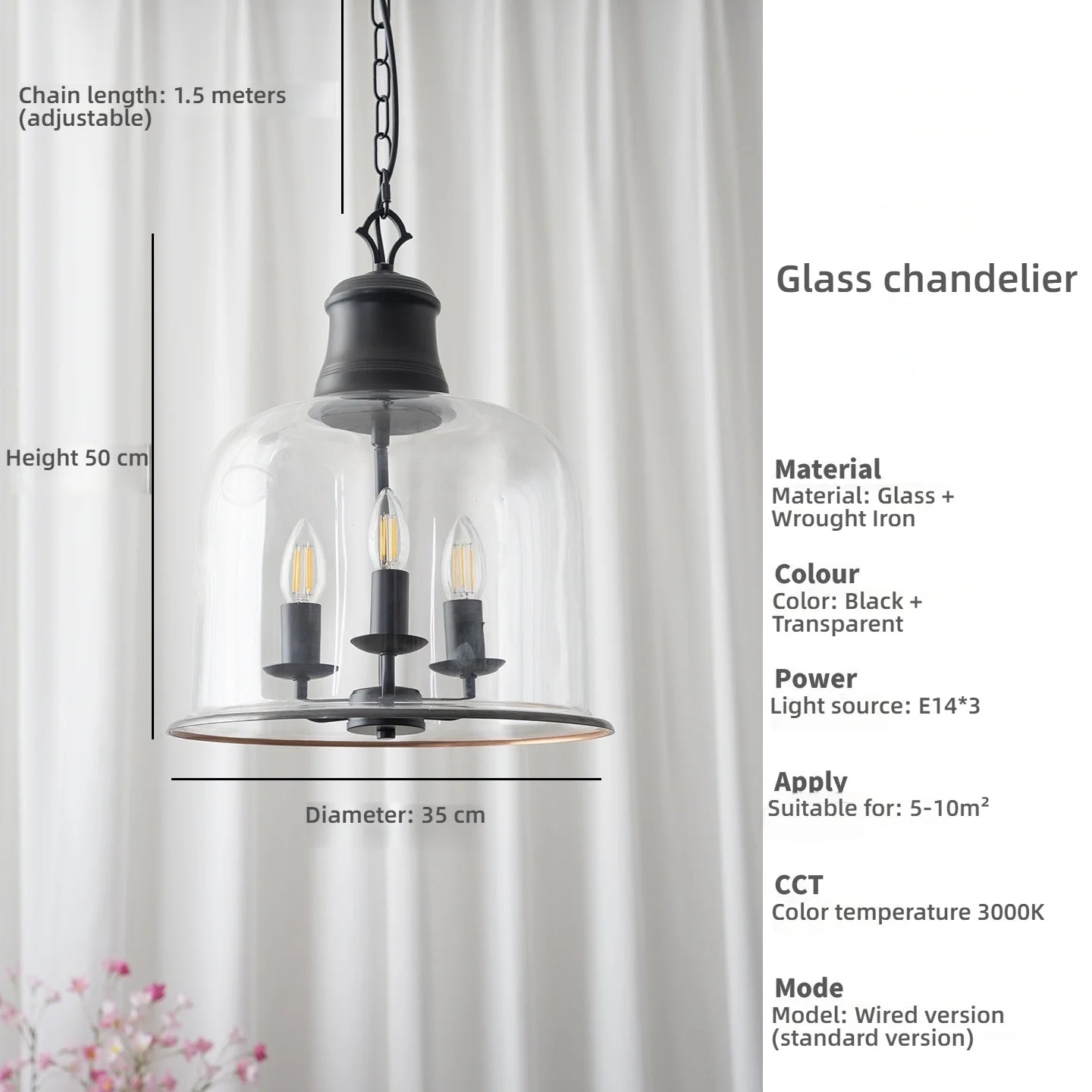 American Retro Led Pendant Light Transparent Glass Home Decoration Living Room Bedroom Island Table Three Color Light Fixture