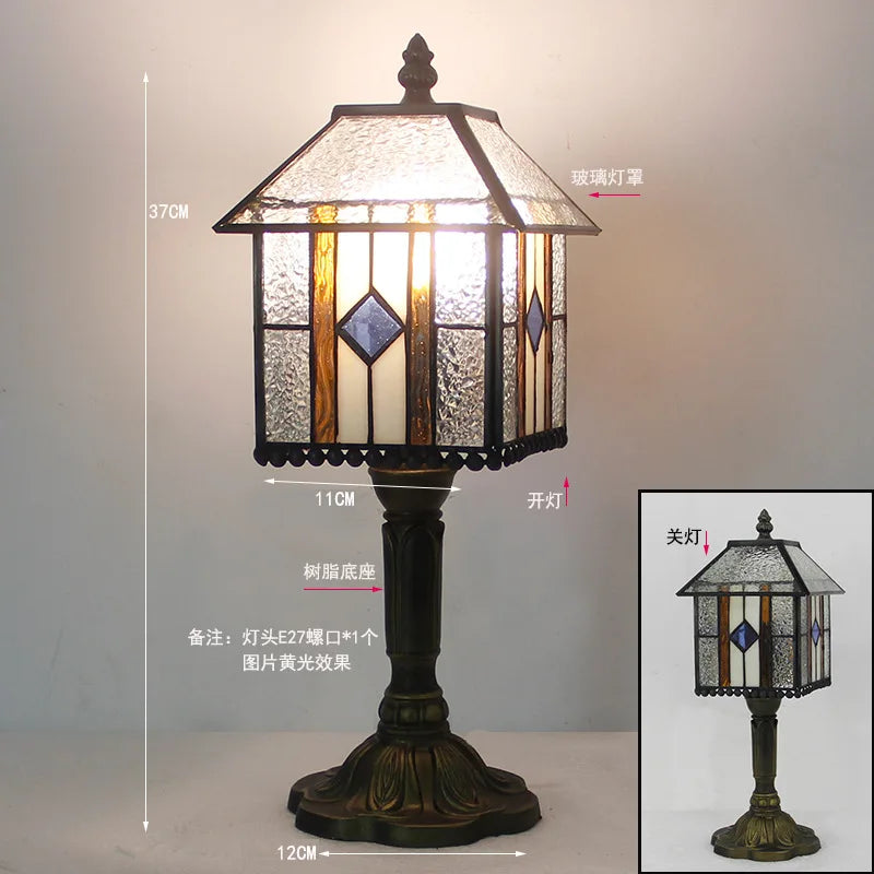 Handmade Stained Glass Table Lamp E27 Retro Lampshade Mediterranean Style Table Light Bedroom Bedside Nightstand Decor Lighting