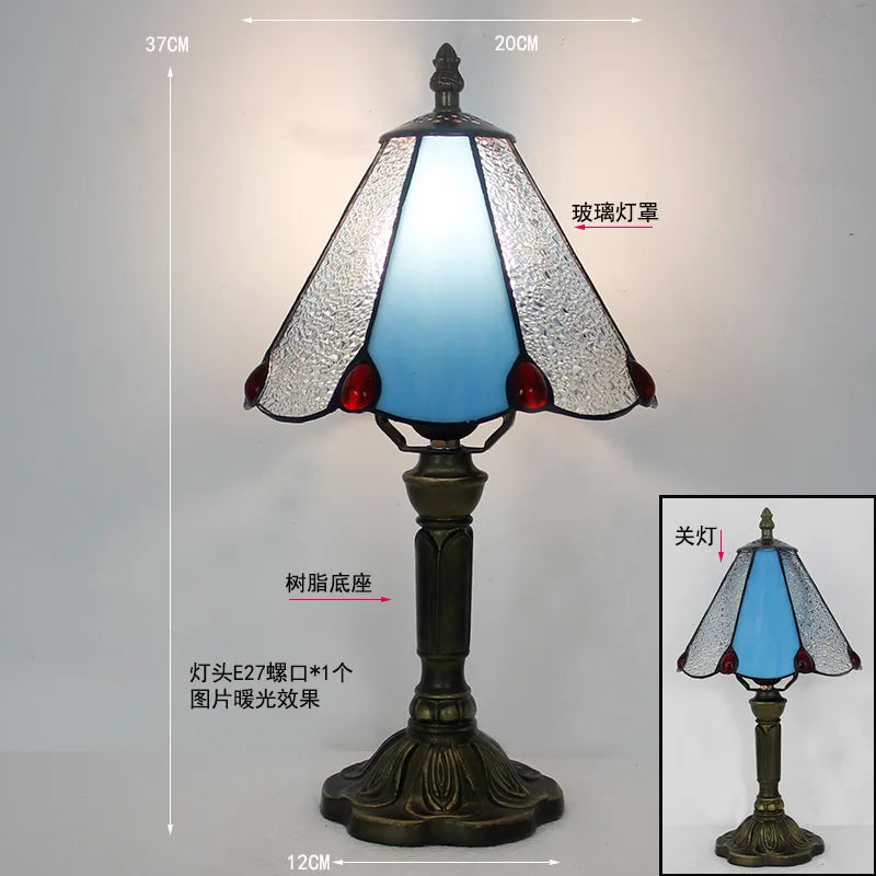 Handmade Stained Glass Table Lamp E27 Retro Lampshade Mediterranean Style Table Light Bedroom Bedside Nightstand Decor Lighting