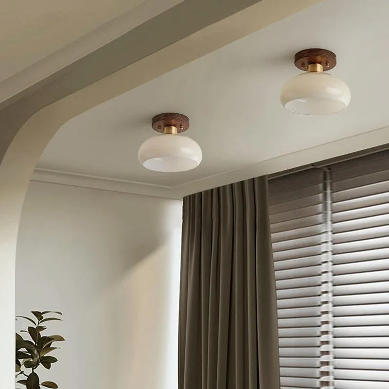 Retro Wabi Sabi Style Walnut Wood Brass Ceiling Lamp Flush Mount Light for Living Room Bedroom Dining Room Home LED Ceiling Ligh