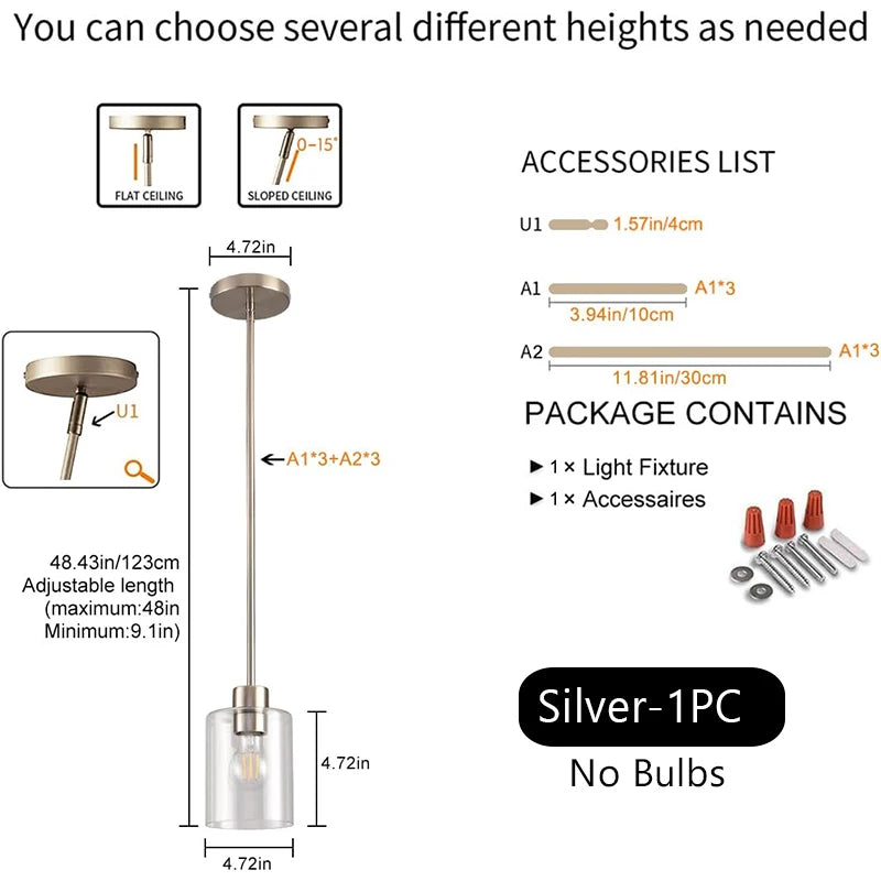  Modern Industrial Pendant Lamp Glass Hanging  Adjustable height Kitchen Dining Room Bedroom Bedside bathroom Decor Lights