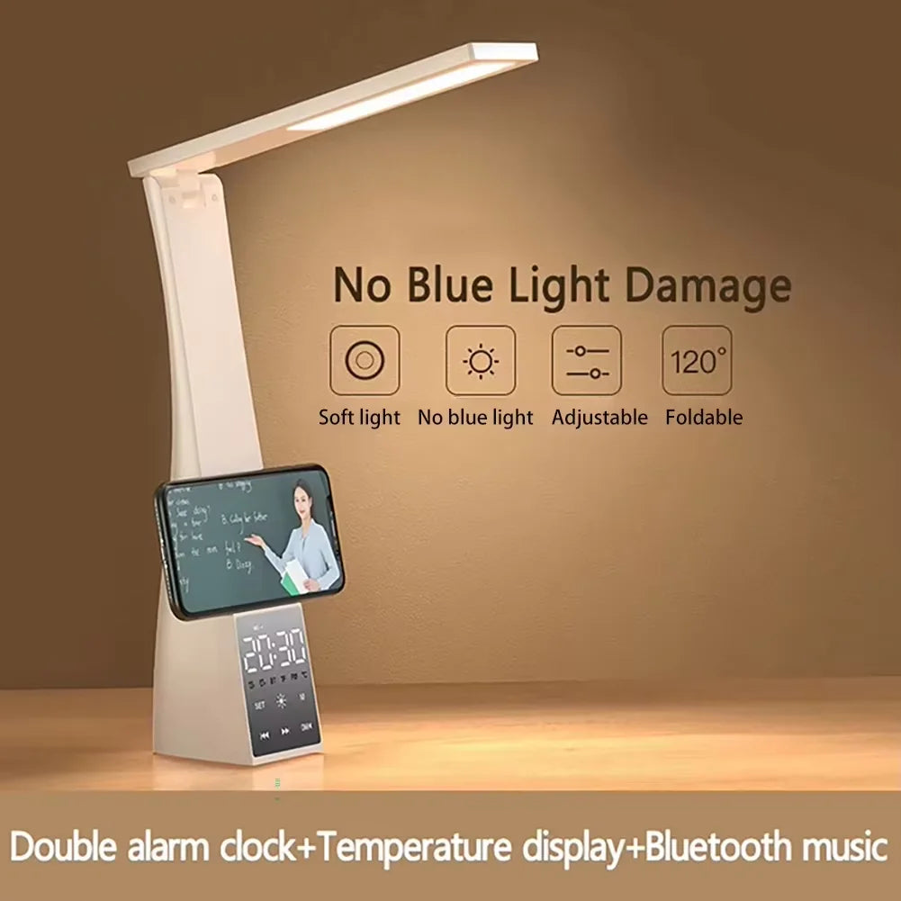 LED Table Lamp With Alarm Clock 3 Color Temperature Stepless Dimming USB Charging Night Light Eye-Protection Reading Desk Lamps