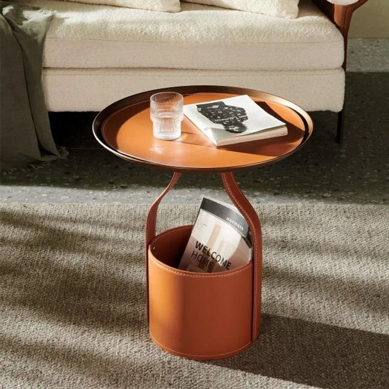 Italian Minimalist Saddle Leather Storage Bucket Sofa Small Side Table Home Living Room Shopping Mall Corner Table Light Luxury