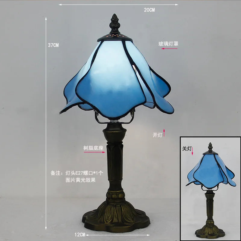 Handmade Stained Glass Table Lamp E27 Retro Lampshade Mediterranean Style Table Light Bedroom Bedside Nightstand Decor Lighting
