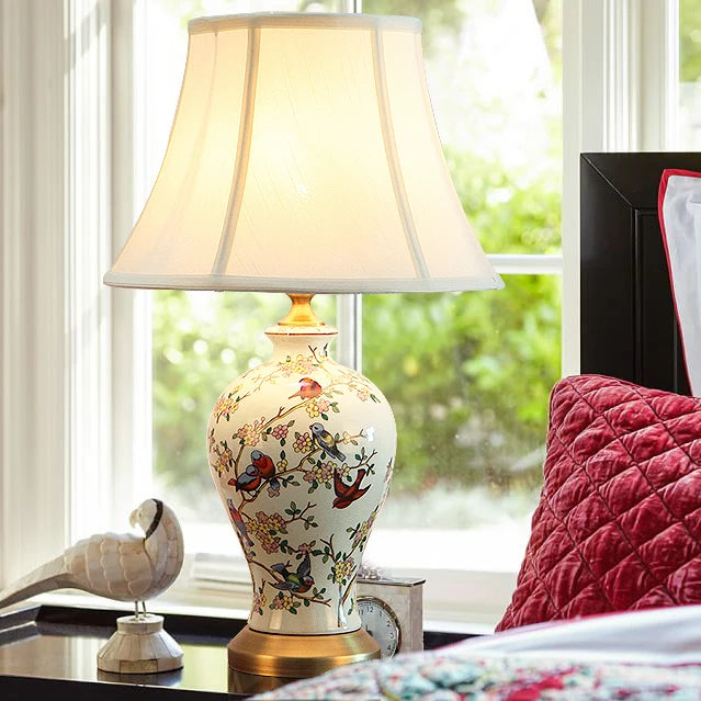 Chinese Ceramic Table Lamp Retro Painted Decoration European Household Warm Bedroom Pleated Bedside Lamp