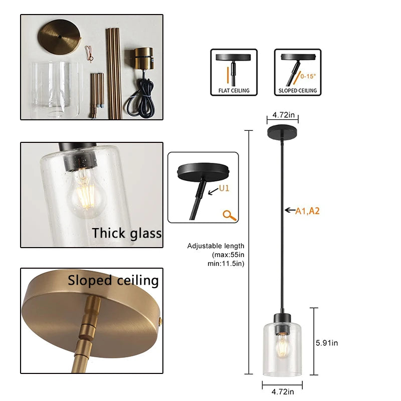  Modern Industrial Pendant Lamp Glass Hanging  Adjustable height Kitchen Dining Room Bedroom Bedside bathroom Decor Lights