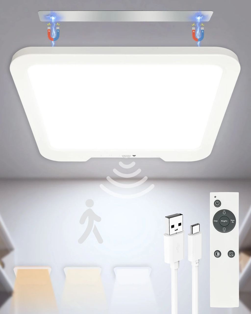Rechargeable Dimmable Ceiling Light USB 5V 3 Colors LED Flush Mount Ultrathin Motion Sensor Ceiling Lamp Remote Control Timer