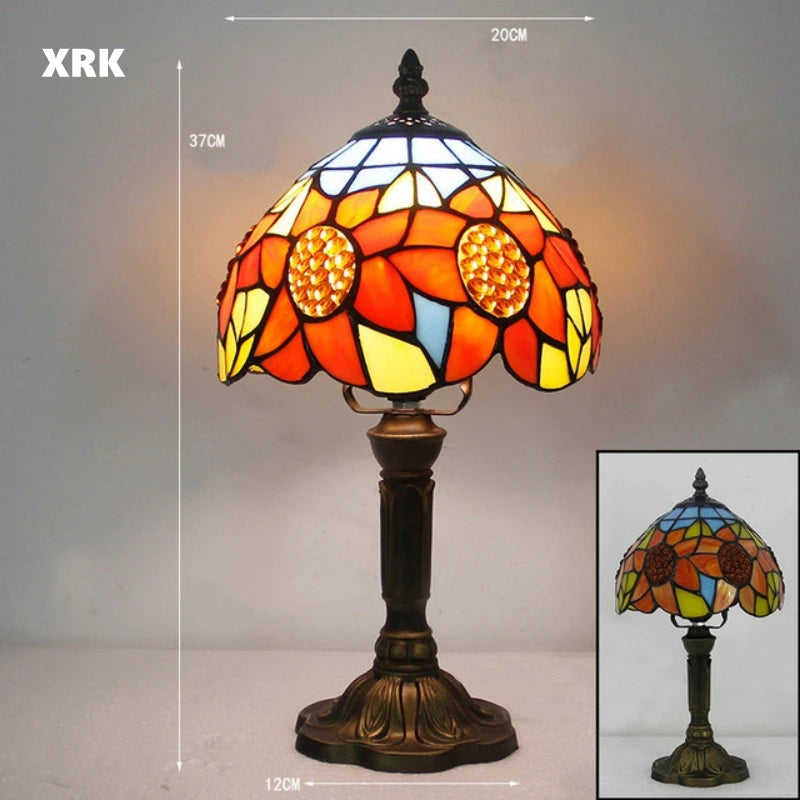 Handmade Stained Glass Table Lamp E27 Retro Lampshade Mediterranean Style Table Light Bedroom Bedside Nightstand Decor Lighting