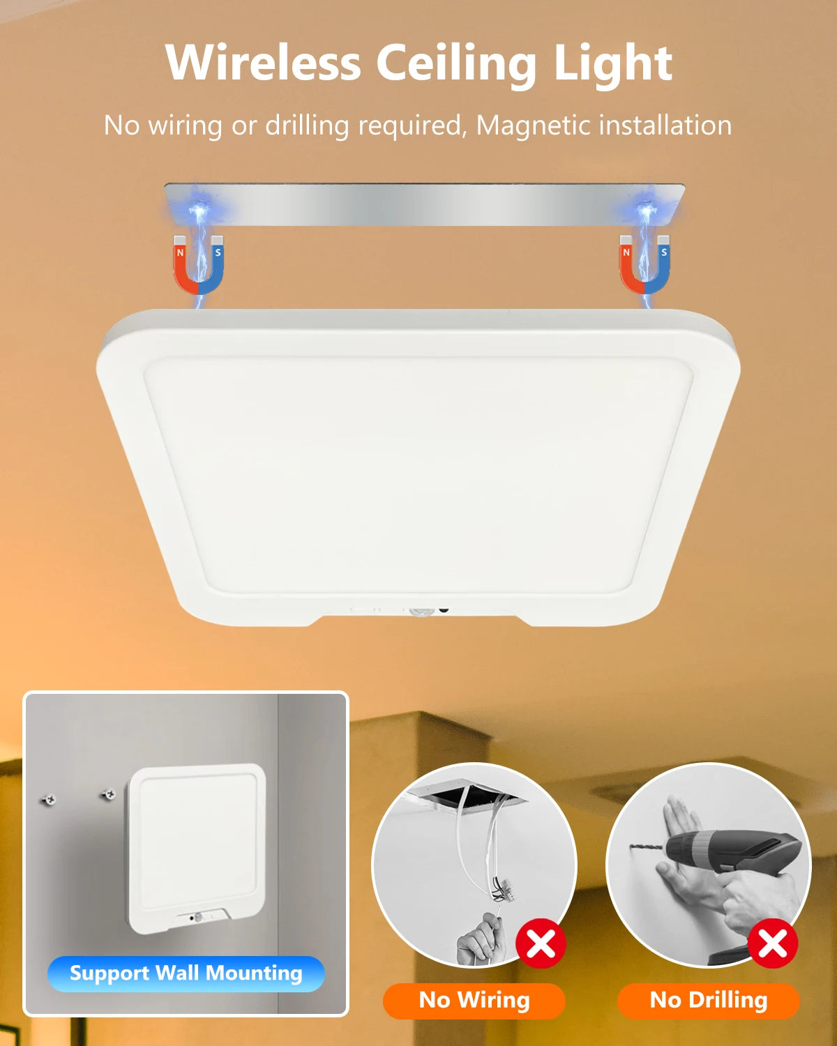 Rechargeable Dimmable Ceiling Light USB 5V 3 Colors LED Flush Mount Ultrathin Motion Sensor Ceiling Lamp Remote Control Timer
