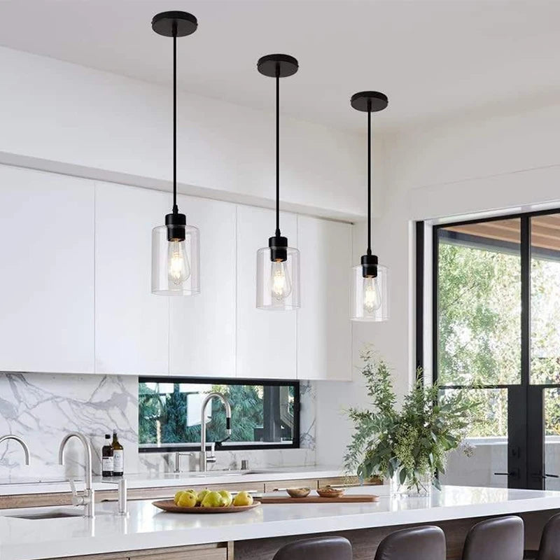  Modern Industrial Pendant Lamp Glass Hanging  Adjustable height Kitchen Dining Room Bedroom Bedside bathroom Decor Lights