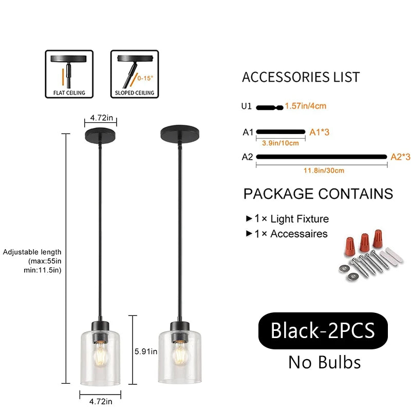  Modern Industrial Pendant Lamp Glass Hanging  Adjustable height Kitchen Dining Room Bedroom Bedside bathroom Decor Lights