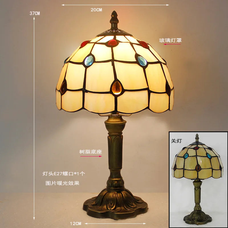 Handmade Stained Glass Table Lamp E27 Retro Lampshade Mediterranean Style Table Light Bedroom Bedside Nightstand Decor Lighting