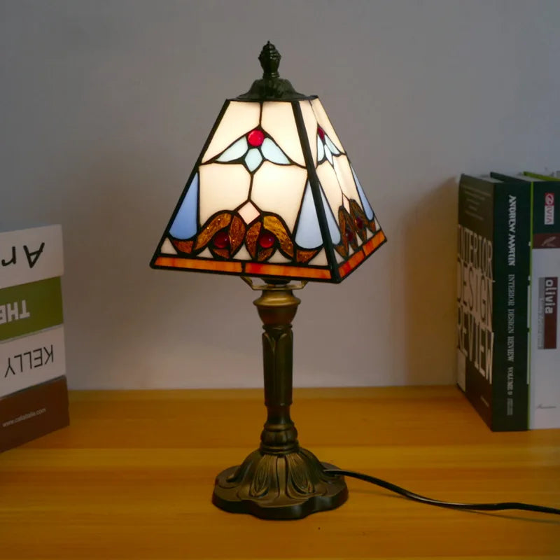 Handmade Stained Glass Table Lamp E27 Retro Lampshade Mediterranean Style Table Light Bedroom Bedside Nightstand Decor Lighting