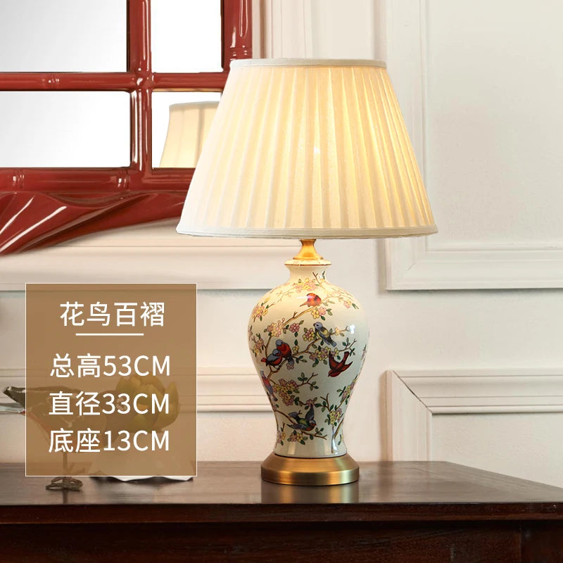 Chinese Ceramic Table Lamp Retro Painted Decoration European Household Warm Bedroom Pleated Bedside Lamp