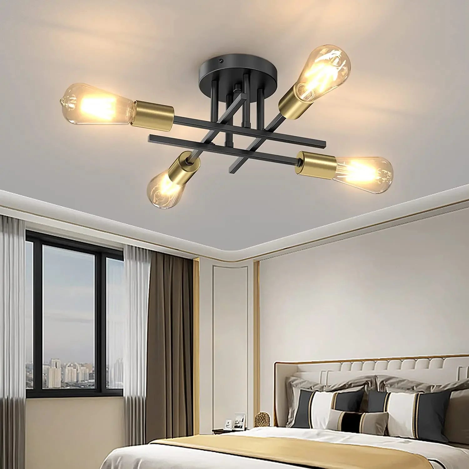 Semi Flush Mount Modern Ceiling Lamp Black Iron Mid Century Sputnik Light Fixture for Living Room Bedroom Retro Ceiling Light