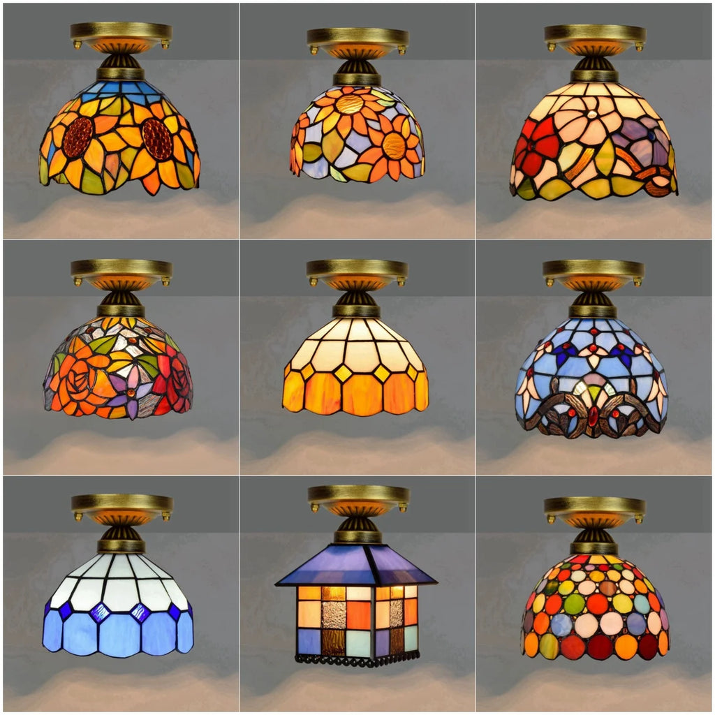 European Stained Glass Ceiling Light - Handcrafted Floral Rose Mosaic, Antique 8Inch Wide Flush Mount for Dining Room/Library