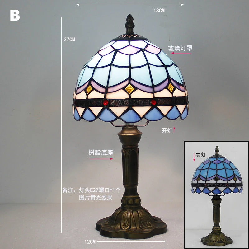 Handmade Stained Glass Table Lamp E27 Retro Lampshade Mediterranean Style Table Light Bedroom Bedside Nightstand Decor Lighting