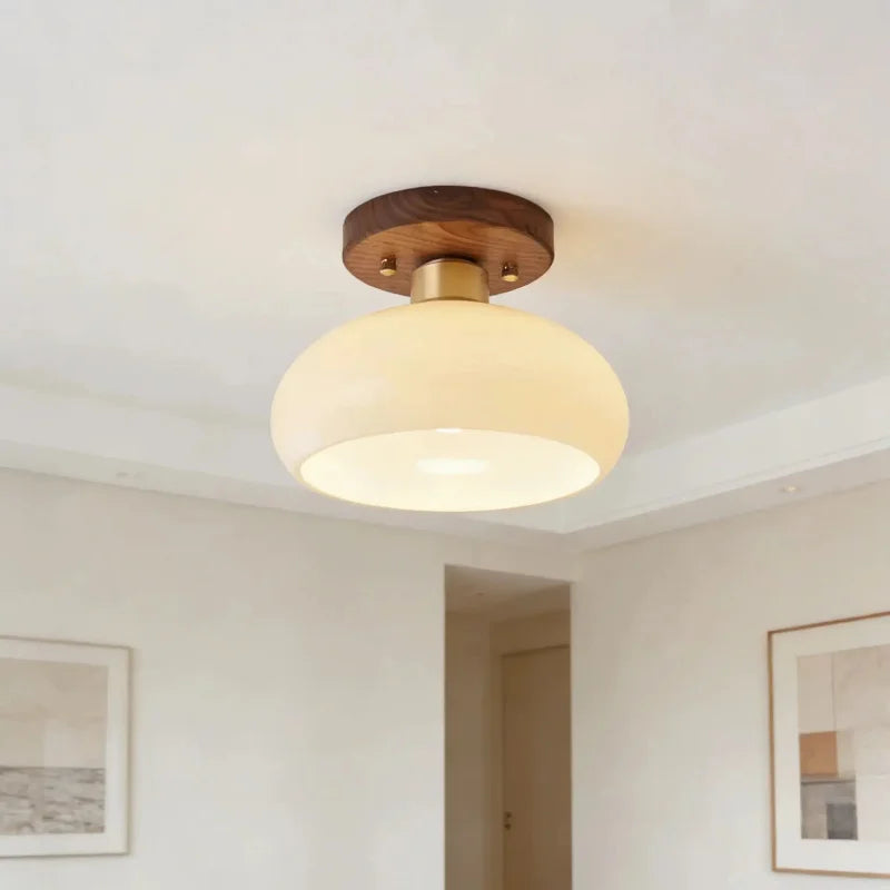 Retro Wabi Sabi Style Walnut Wood Brass Ceiling Lamp Flush Mount Light for Living Room Bedroom Dining Room Home LED Ceiling Ligh