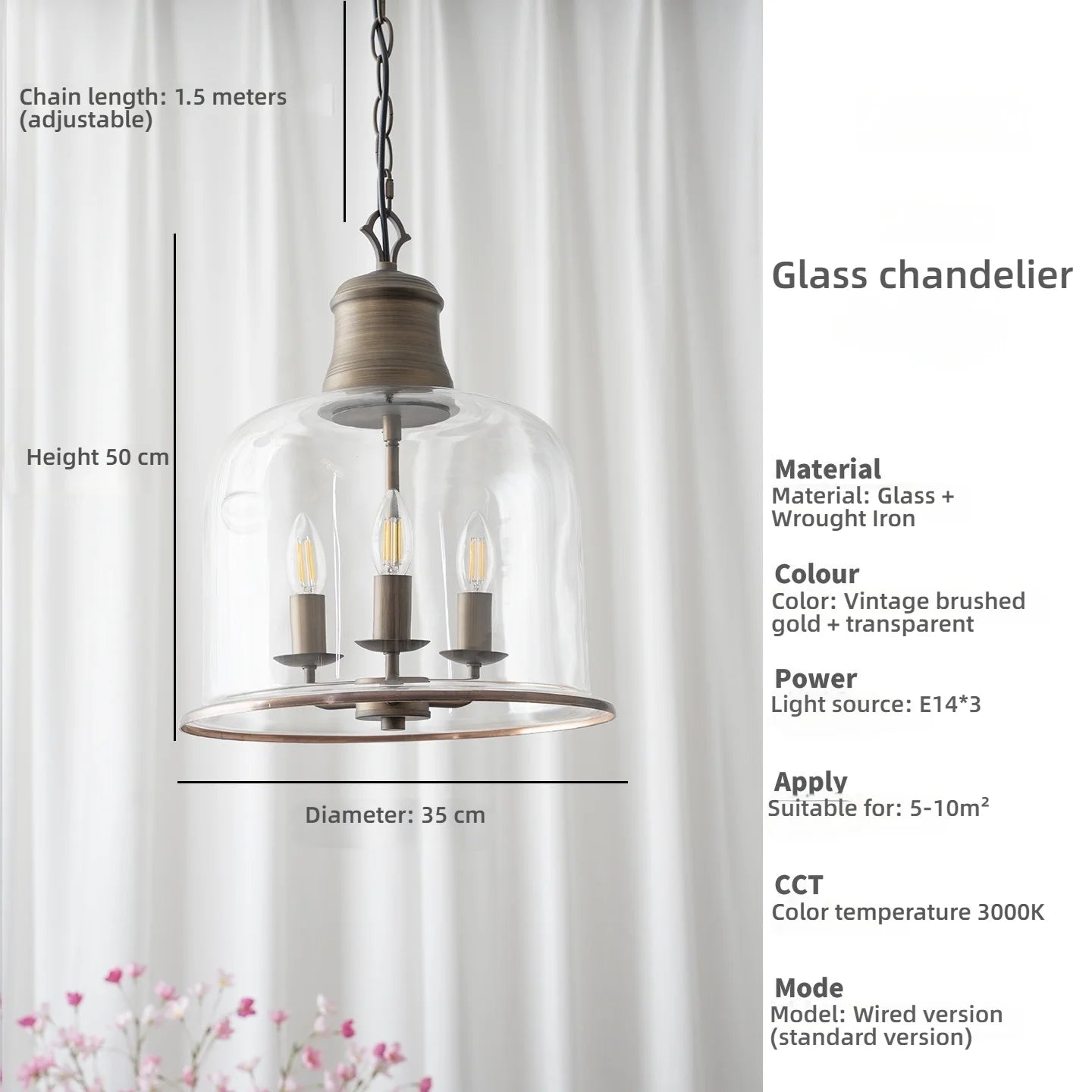 American Retro Led Pendant Light Transparent Glass Home Decoration Living Room Bedroom Island Table Three Color Light Fixture