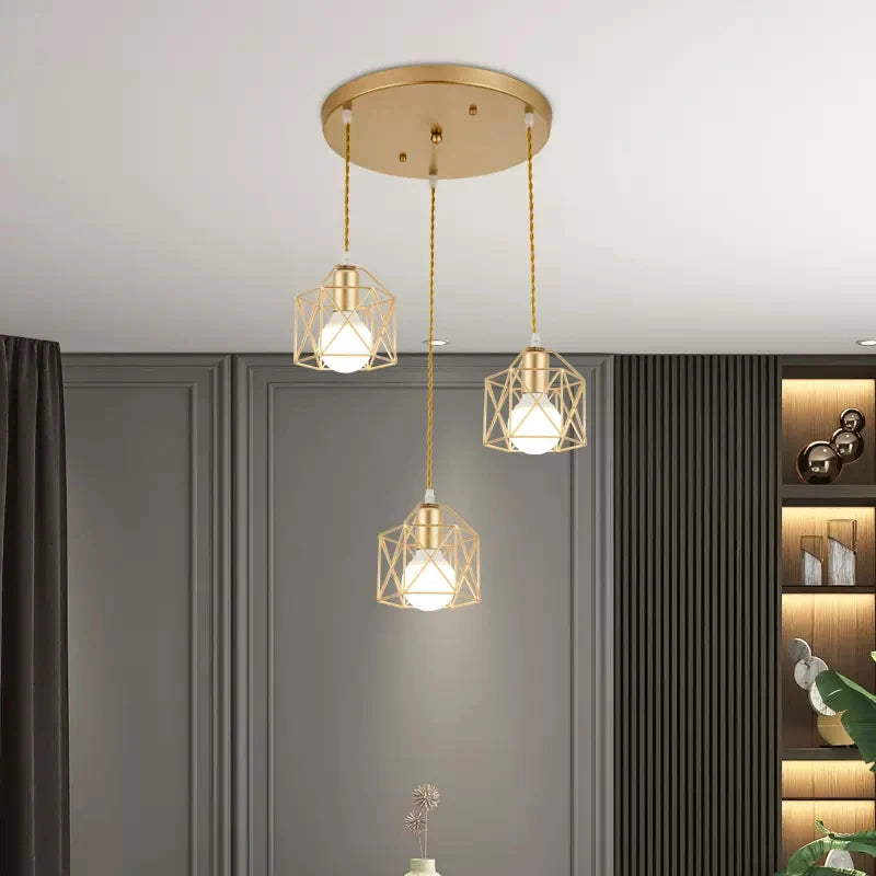 Modern LED Pendant Light Iron Gold Black Minimalist Metal Cage Pendant Lamp Living Room Restaurant Shop Bar Fixture Decoration